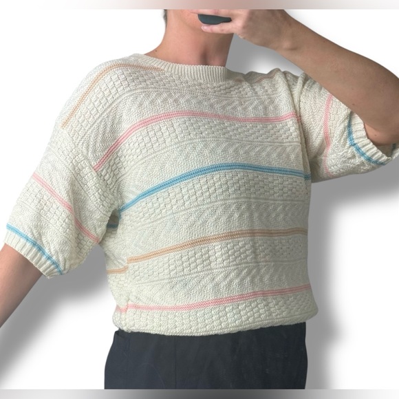 Vintage(?) cream striped mixed weave knit elbow sleeve sweater- fits size M-L - Picture 1 of 10